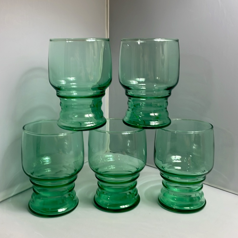 5 Libbey Incredible Green Small Tumbler Drinking Glasses Rippled Tudor Style‎